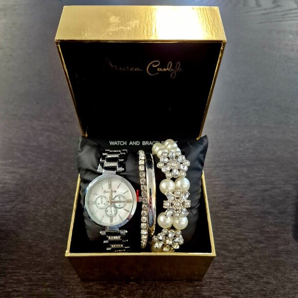 Jessica Carlyle Women's Silver-Tone Metal Alloy Bracelet Watch 34mm Gift Set - Picture 2 of 5